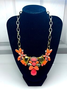 J.Crew Crystal Rhinestone Coral Champagne Floral Bib Necklace Signed
